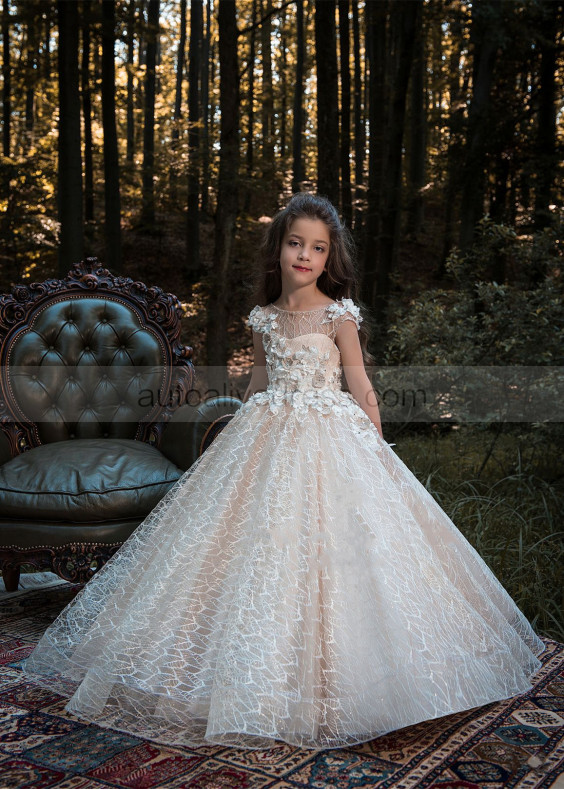 Ivory Lace Tulle Keyhole Back Floral Flower Girl Dress